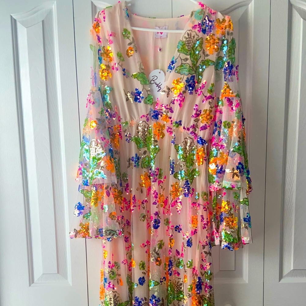 Buddy Love Floral Sequined Maxi Dress in Nude with Multicolor Sequins